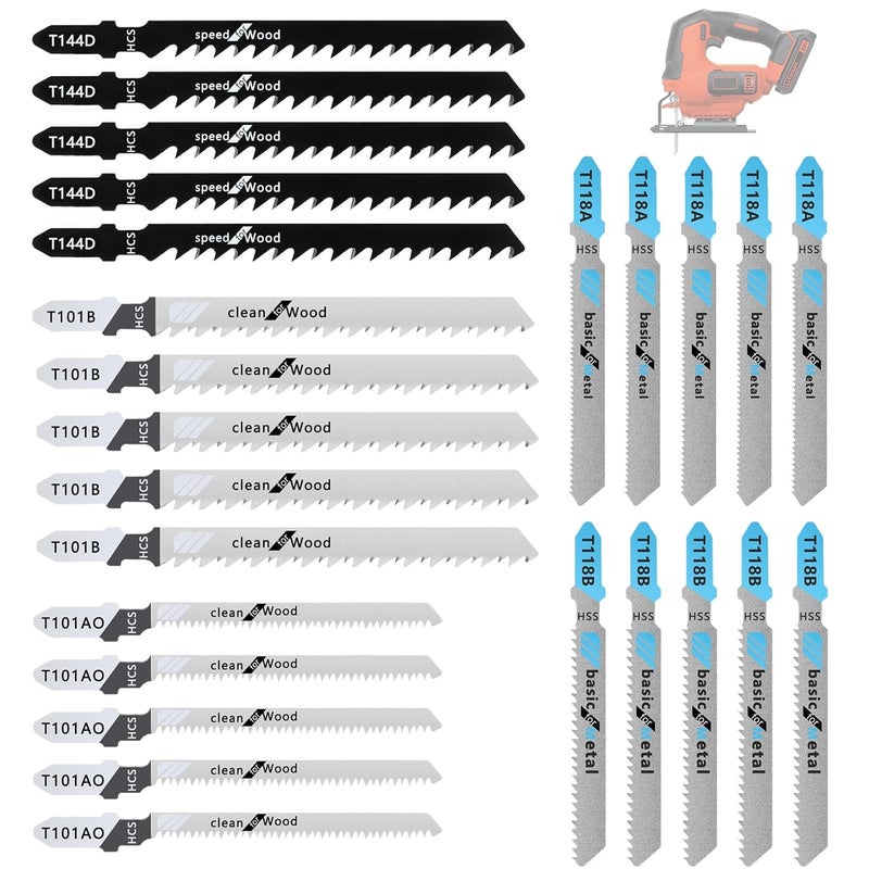 Runhike T Shank Jigsaw Blades Compatible with Black and Decker,25PCS Multi-Purpose HCS Jigsaw Blades Set Compatible with Black and Decker (T101AO, T144D, T118B, T118A, and T101B,Each 25pcs) - Image 1